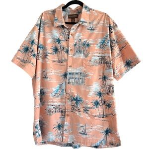Men's Tropical Print Button-Down Shirt - Peach and Blue